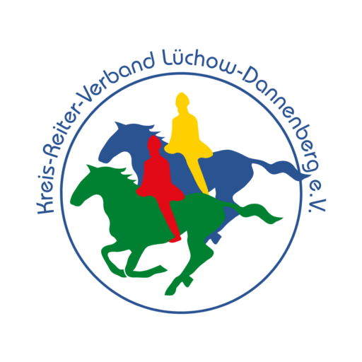 Logo des Kreisreiterverbandes Lüchow-Dannenberg mit zwei farbigen Reitern in den Farben des Stadtwappens unt dem kreisrunden Schriftzug des Vereins